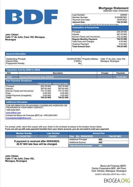 Modèle Word et PDF de relevé hypothécaire de la Banco de Finanzas (BDF) du Nicaragua